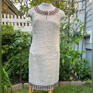 Carole Little size 12 linen dress. Fully lined. Embroidery & bead trim.